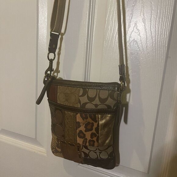 COACH Brown/Gold Metallic Signature Patchwork crossbody bag. - Picture 2 of 15